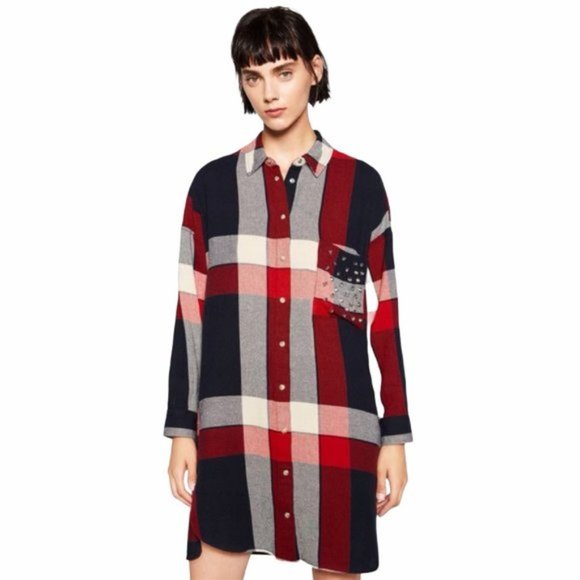 Zara Dresses & Skirts - Zara Plaid Shirt Dress Studded Pocket Detail Sz M